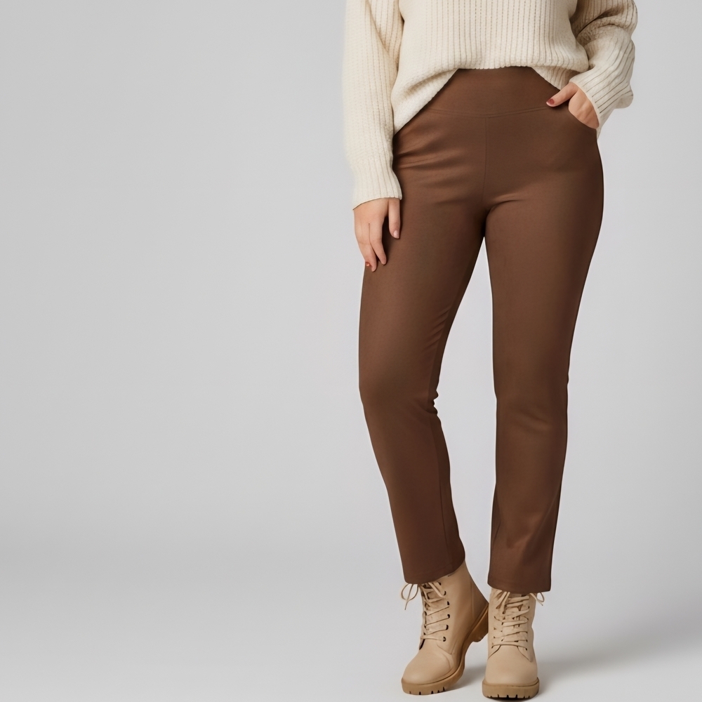 Chaps Women's Brown Faux Suede Pants L Stretchy Pull-On Slim Leg Comfort Skinny
